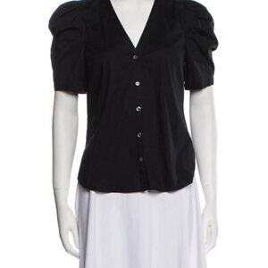 Veronica Beard V-Neck Short Sleeve Button Up Shirt, Size S, Black